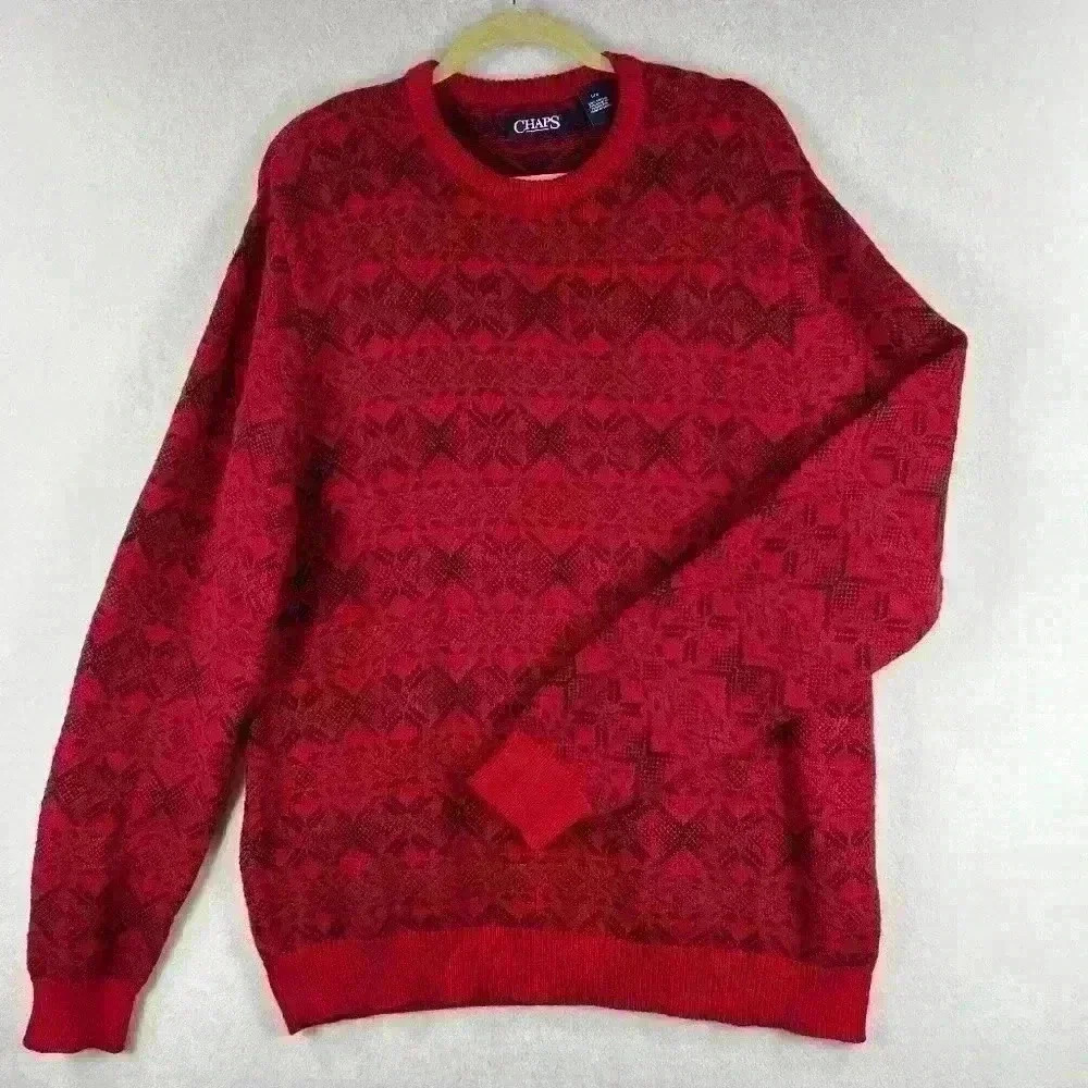 CHAPS Sweater Red/Black Men’s Size Large Nordic Snowflake Crewneck 100% Cotton